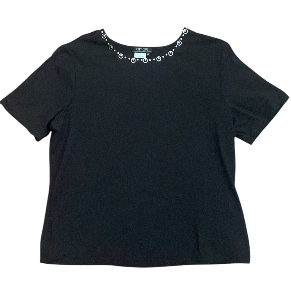 Vintage City Girl by Nancy Bolen Black Embellished Neckline Short Sleeve Shirt